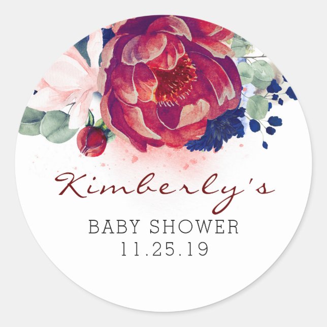 Burgundy and Navy Blue Floral Baby Shower Classic Round Sticker (Front)
