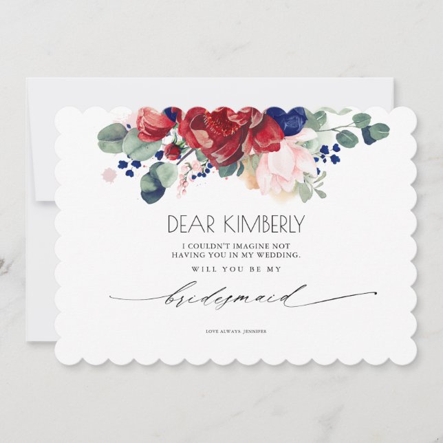 Burgundy and Navy Blue Floral Be My Bridesmaid Invitation (Front)