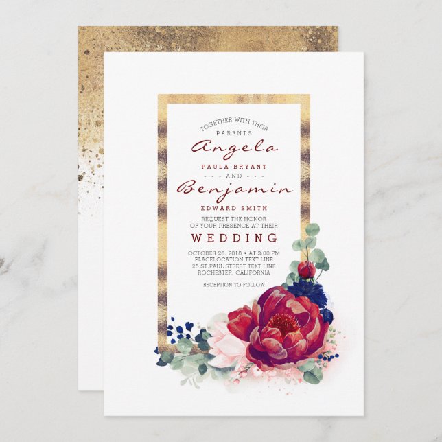 Burgundy and Navy Blue Floral Gold Frame Wedding Invitation (Front/Back)