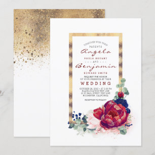 Burgundy and Navy Blue Floral Gold Frame Wedding Invitation