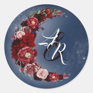 Burgundy and Navy Blue Floral Moon Wedding Classic Round Sticker
