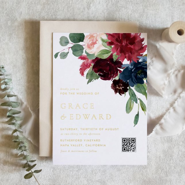 Burgundy and Navy Blue Floral QR Code Wedding (A gold foil QR code wedding invitation featuring watercolor burgundy and navy blue flowers. )