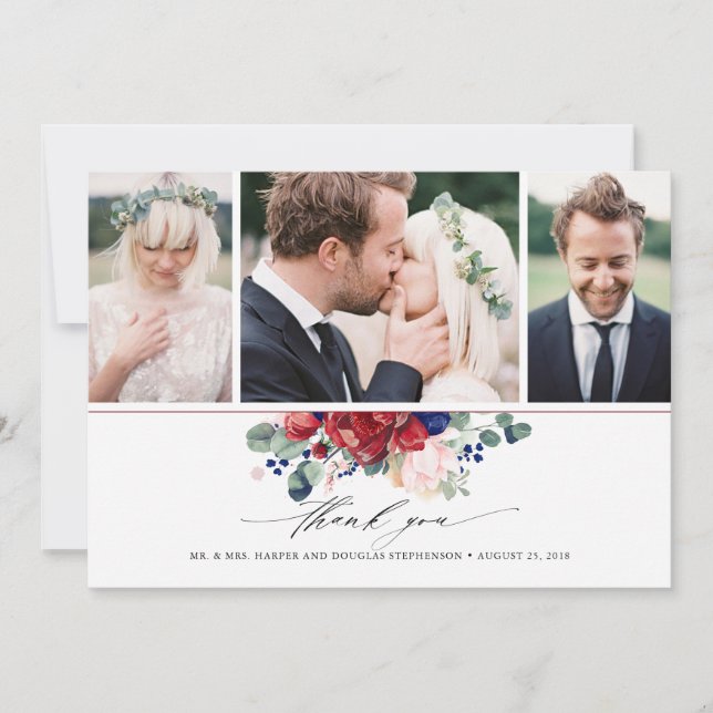 Burgundy and Navy Blue Floral Wedding 3 Photos Thank You Card (Front)
