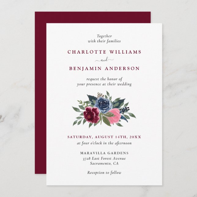 Burgundy and Navy Blue Floral Wedding Invitations (Front/Back)