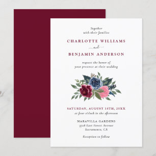 Burgundy and Navy Blue Floral Wedding Invitations