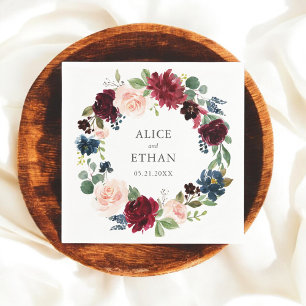 Burgundy And Navy Blue Floral Wedding Napkin