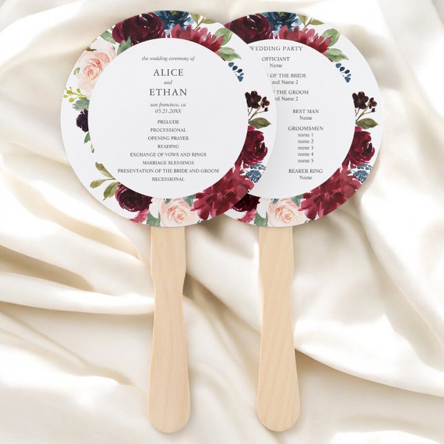Burgundy And Navy Blue Floral Wedding Program Hand Fan (Creator Uploaded)
