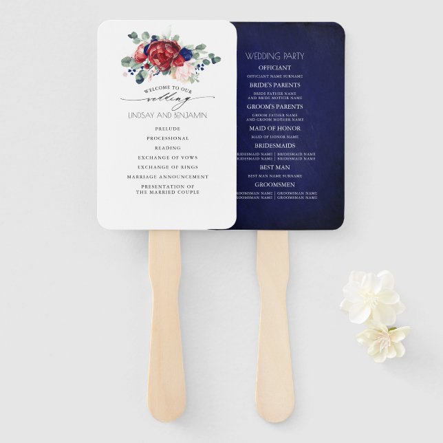 Burgundy and Navy Blue Floral Wedding Program Hand Fan (Front and Back)