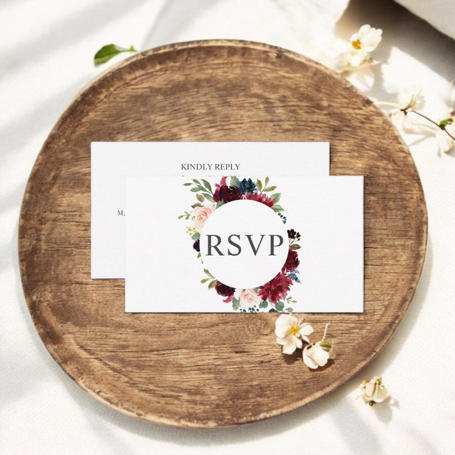 Burgundy And Navy Blue Floral Wedding RSVP Enclosure Card (Creator Uploaded)
