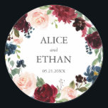 Burgundy and Navy Blue Floral Wreath Wedding Classic Round Sticker<br><div class="desc">Our elegant greenery wedding sticker features a geometric frame with eucalyptus and foliage. Nice for spring and boho weddings.</div>