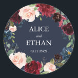 Burgundy and Navy Blue Floral Wreath Wedding Classic Round Sticker<br><div class="desc">Our elegant greenery wedding sticker features a geometric frame with eucalyptus and foliage. Nice for spring and boho weddings.</div>