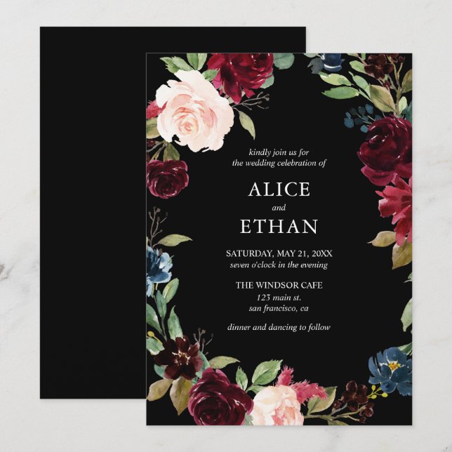Burgundy And Navy Blue Flowers Wedding Invitation (Front/Back)
