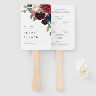 Burgundy and Navy Blue Flowers Wedding Programs Hand Fan