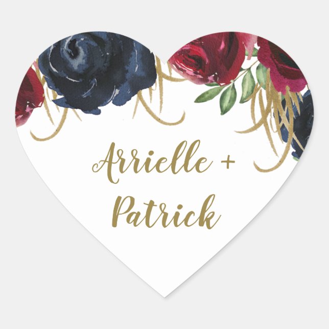 Burgundy and Navy Blue Gold Wedding Favour Sticker (Front)