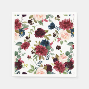 Burgundy and Navy Blue Watercolor Floral Pattern Napkin