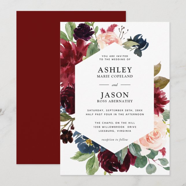 Burgundy and Navy Blue Watercolor Floral Wedding Invitation (Front/Back)