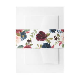 Burgundy and Navy Blue Watercolor Floral Wedding Invitation Belly Band