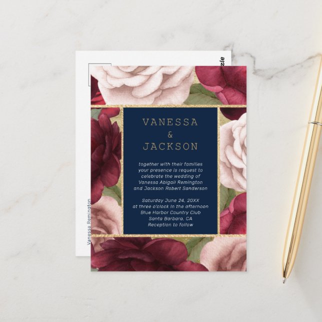 Burgundy and Navy Blue  Wedding Invitation  Postcard (Front/Back In Situ)