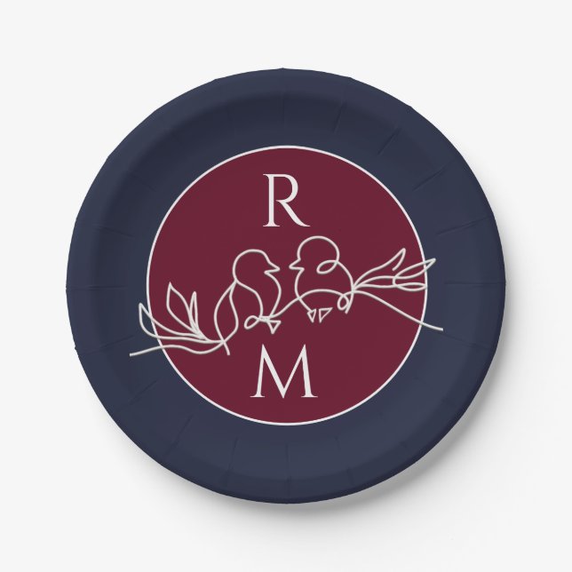 Burgundy and Navy Blue Wedding Paper Plate (Front)