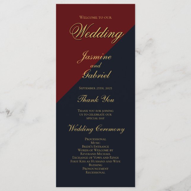 Burgundy and Navy Blue Wedding Program Programme (Front)