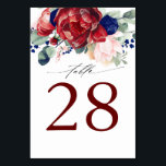 Burgundy and Navy Blue Wedding Table Number Cards<br><div class="desc">Burgundy red and navy blue flowers wedding table number cards</div>
