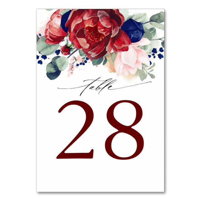 Burgundy and Navy Blue Wedding Table Number Cards (Front)