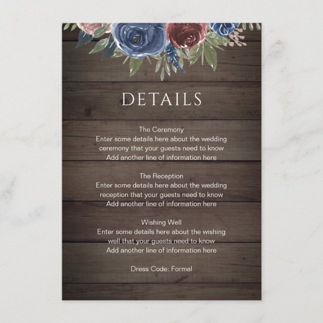 Burgundy and Navy Blush Floral Rustic Wood Wedding Enclosure Card (Front)
