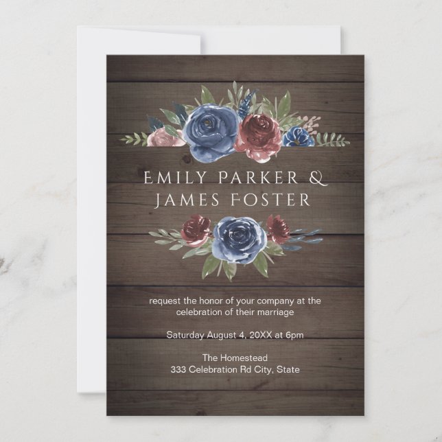 Burgundy and Navy Blush Floral Rustic Wood Wedding Invitation (Front)