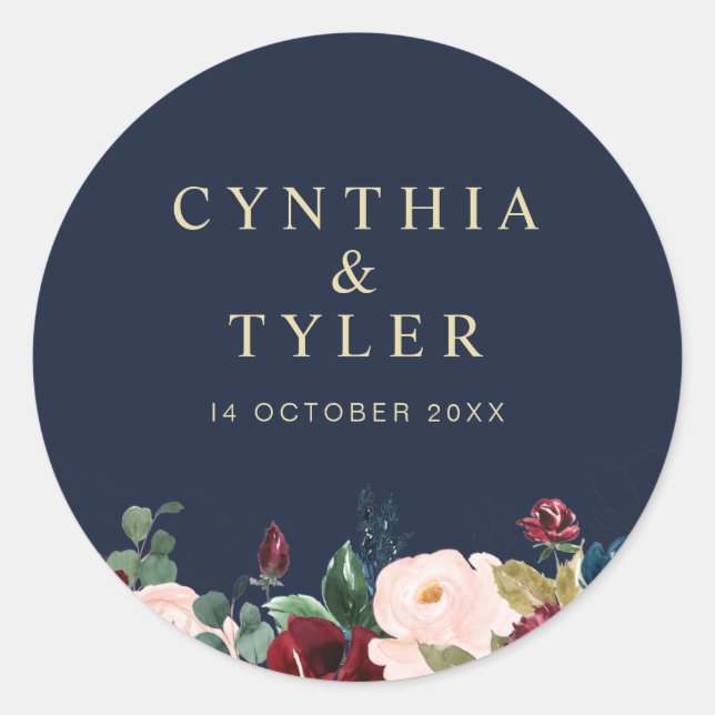burgundy and navy, blush pink floral wedding classic round sticker (Front)