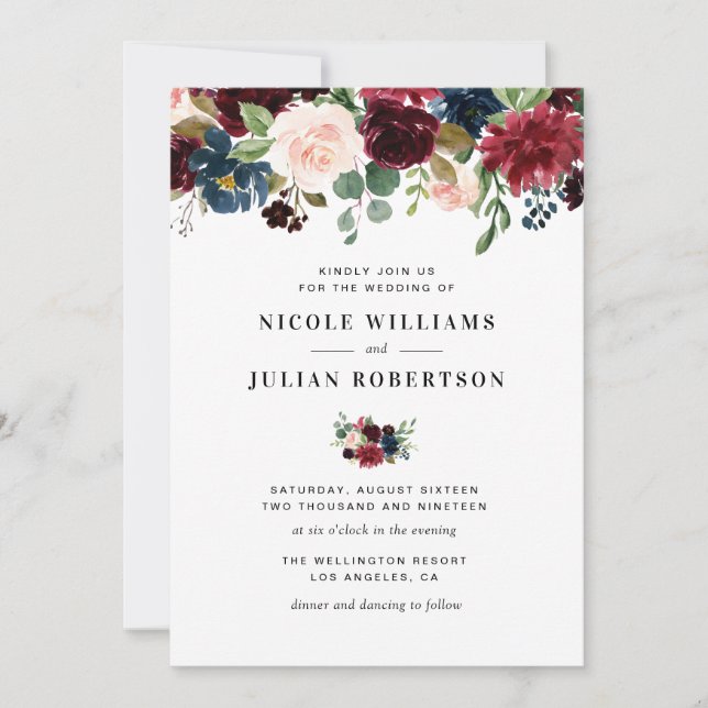 burgundy and navy, blush roses wedding invitation (Front)