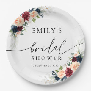 Burgundy and Navy Bridal Shower Paper Plates