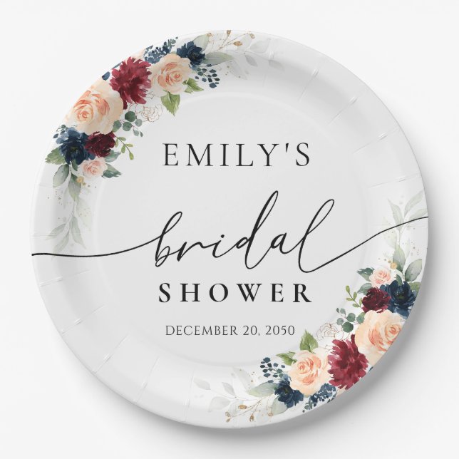 Burgundy and Navy Bridal Shower Paper Plates (Front)