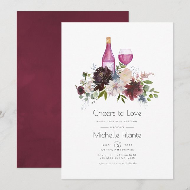 Burgundy and Navy Bridal Shower Wine Tasting Invitation (Front/Back)
