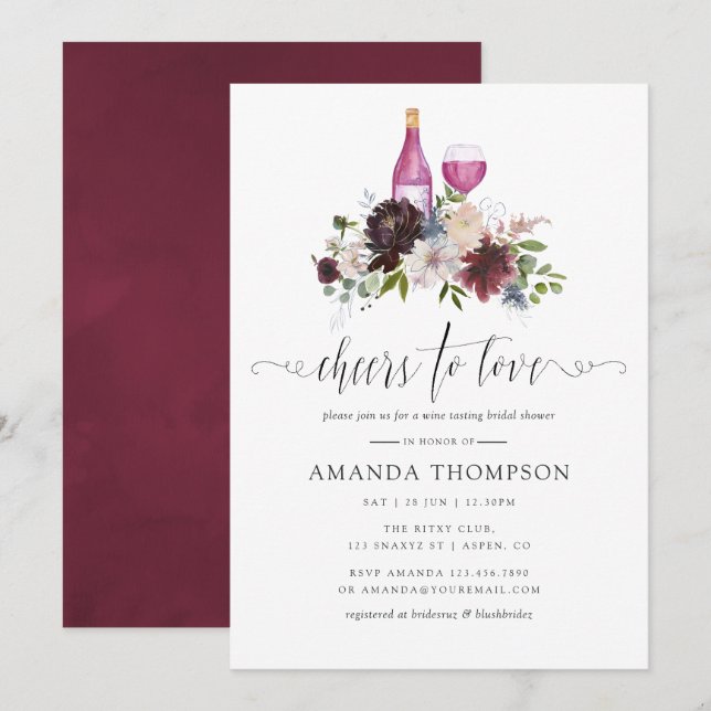 Burgundy and Navy Bridal Shower Wine Tasting Invitation (Front/Back)