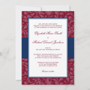 Burgundy and Navy Damask Swirl Wedding Invitations