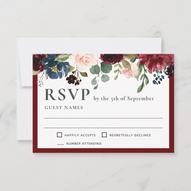 Burgundy and Navy Elegant Floral Wedding RSVP (Front)