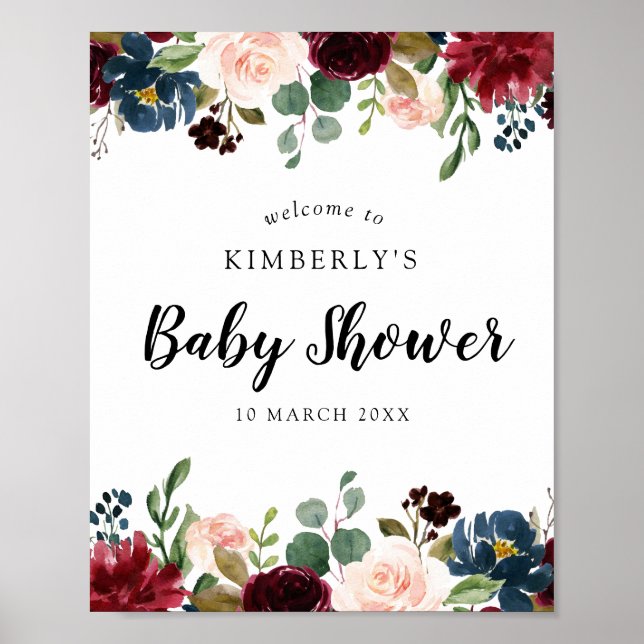 Burgundy and navy floral baby shower welcome sign (Front)