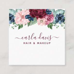 Burgundy and Navy Floral Elegant Makeup Artist Square Business Card