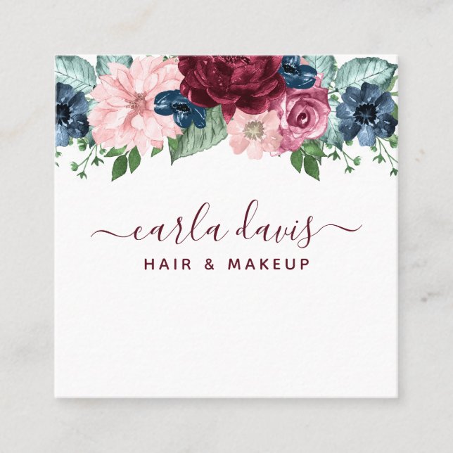 Burgundy and Navy Floral Elegant Makeup Artist Square Business Card (Front)