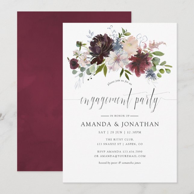 Burgundy and Navy Floral Engagement Party Invitation (Front/Back)