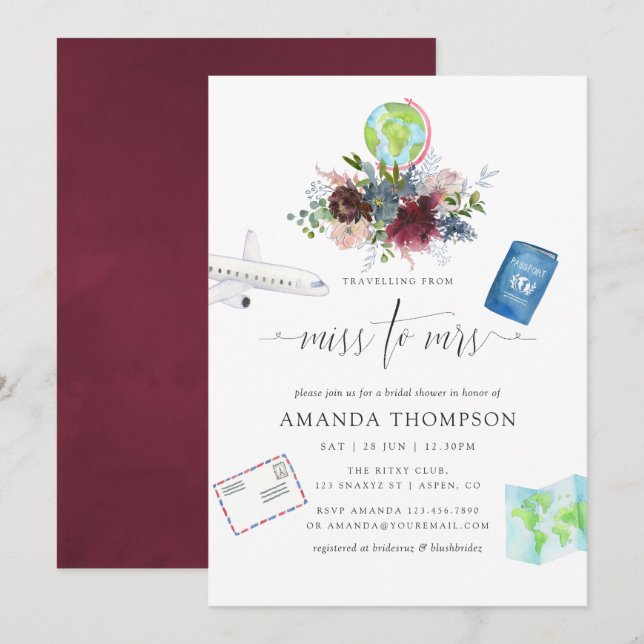 Burgundy and Navy Floral Miss To Mrs Bridal Shower Invitation (Front/Back)