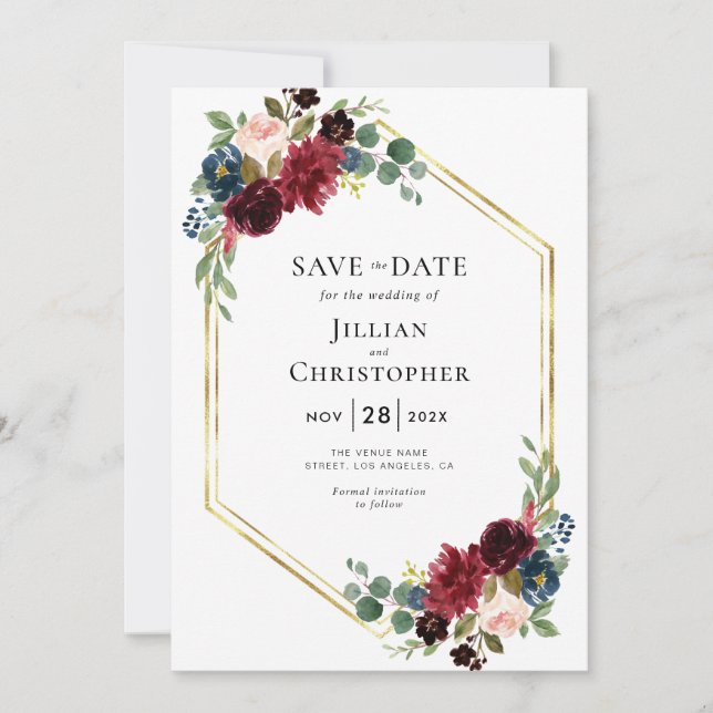 Burgundy and navy floral save the date invitation (Front)