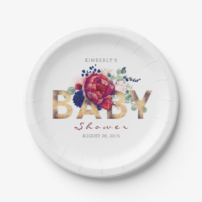 Burgundy and Navy Floral Typography Baby Shower Paper Plate (Front)
