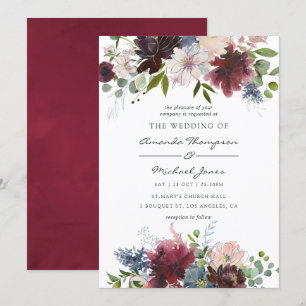 Burgundy and Navy Floral watercolor Wedding Invitation