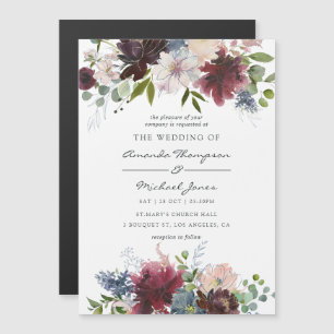 Burgundy and Navy Floral watercolor Wedding Magnetic Invitation