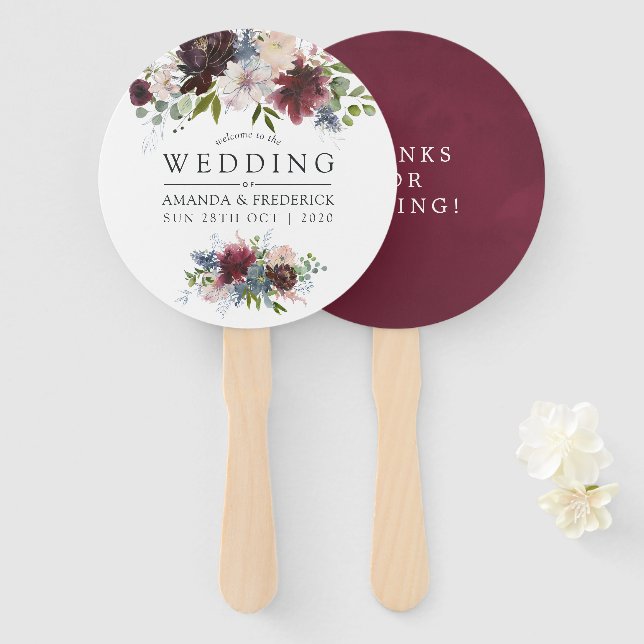 Burgundy and Navy Floral Wedding Favour Hand Fan (Front and Back)