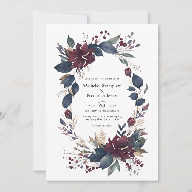 Burgundy and Navy Floral Wedding QR Code Invitatio Invitation (Front)