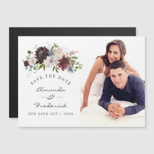 Burgundy and Navy Floral Wedding Save the Date Magnetic Invitation