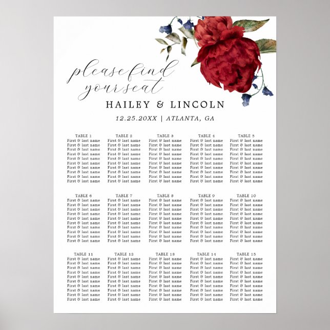 Burgundy and Navy Floral Wedding Seating Chart (Front)