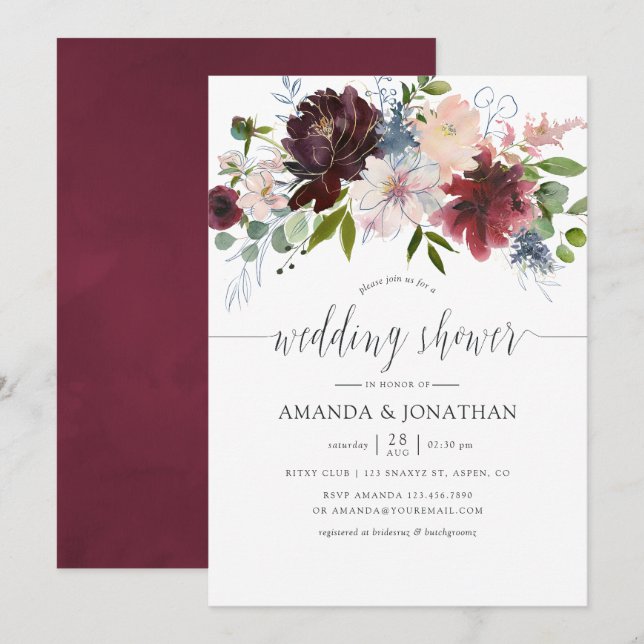 Burgundy and Navy Floral Wedding Shower Invitation (Front/Back)